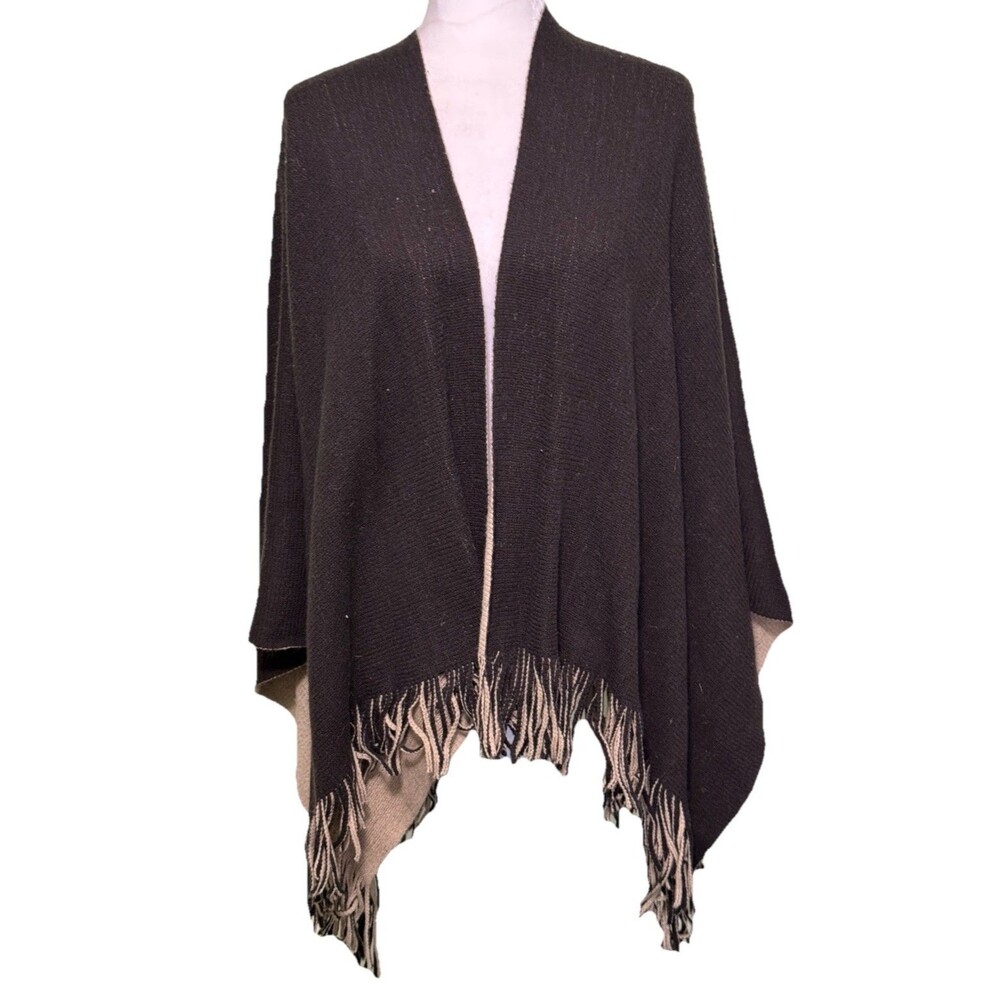 New York & Company Women's Cape Shawl Black Knit Fringe Cottegecore Lagenlook OS